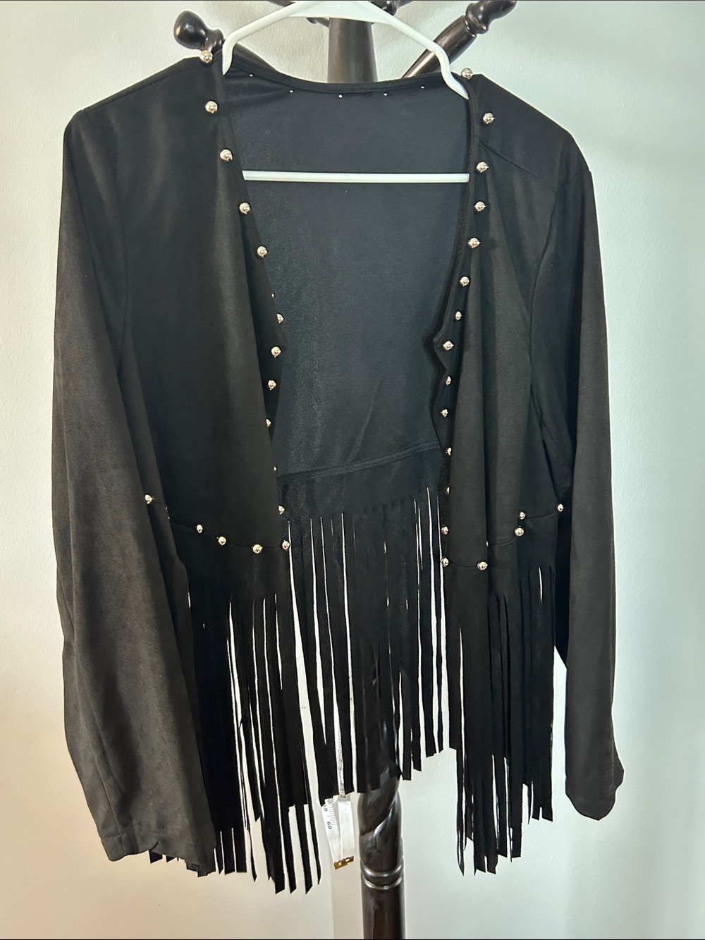 Black Fringe Open-Front Jacket with Stud Detail
